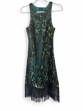 Fringe & Beaded Sequin Women’s Moss Green Fringe Dress